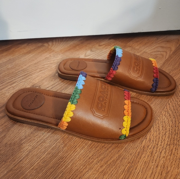 Coach Pride Leather Crochet-Trimmed Slides (9) - Picture 1 of 4